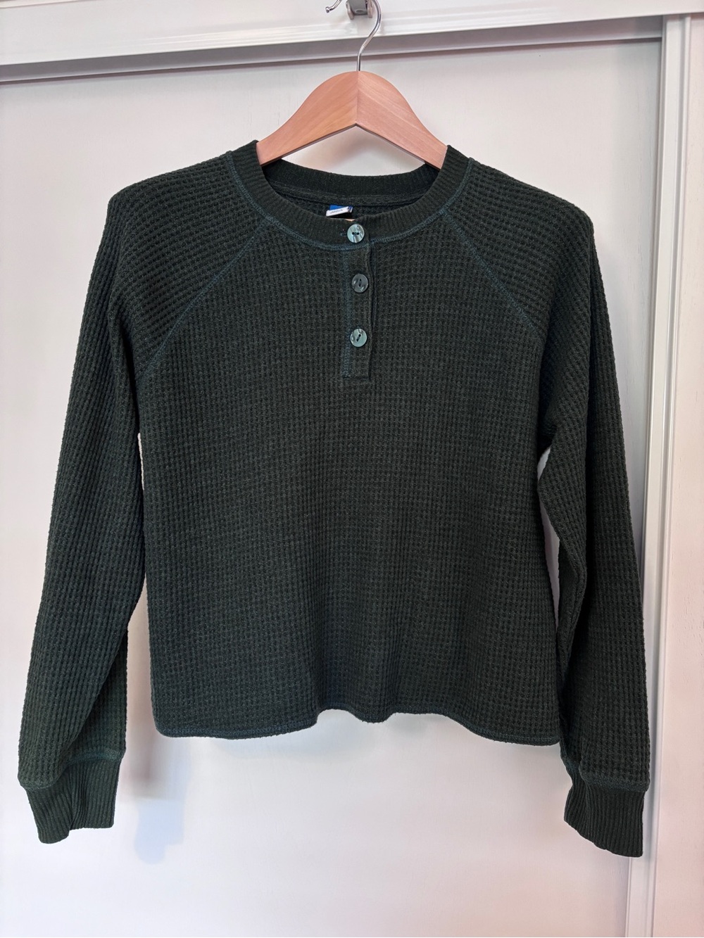 Y2K Womens Waffle Knit Henley Top Oversized Medium Green Cropped Grunge Thick